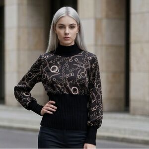 Bellami Women’s Black Chain Print Ribbed Knit Top Size Small Chic Mock Neck